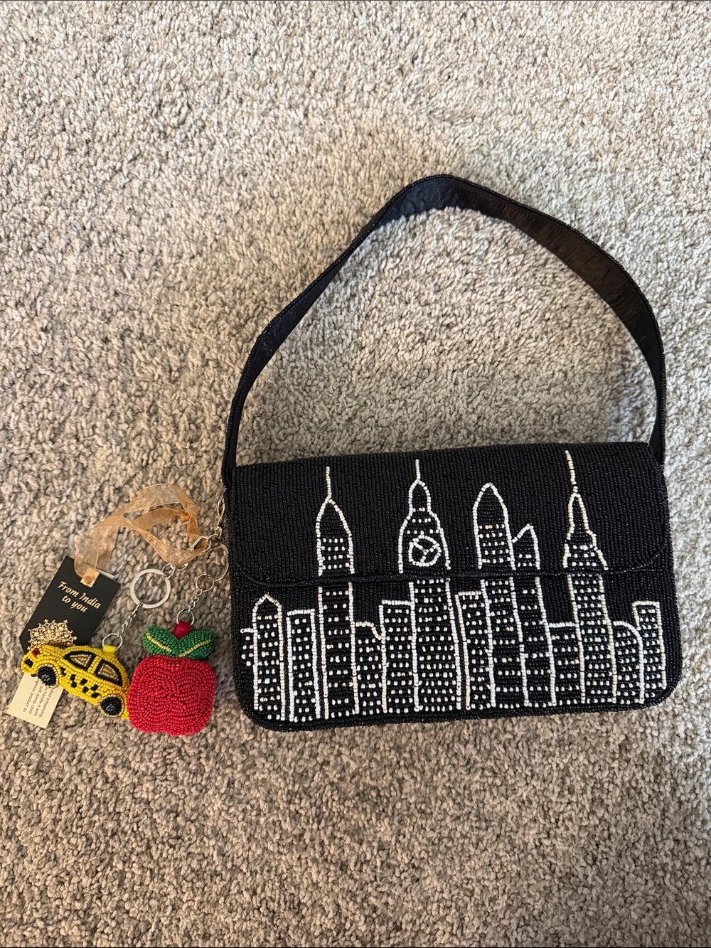 Black Beaded City Skyline Shoulder Bag with charms— NEW YORK VIBES
